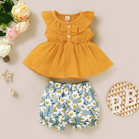 

Baby Girl Cotton Linen Sleeveless Top Dress+Floral Tutu Shorts Newborn Yellow 2Pcs Kids Princess Clothes Set