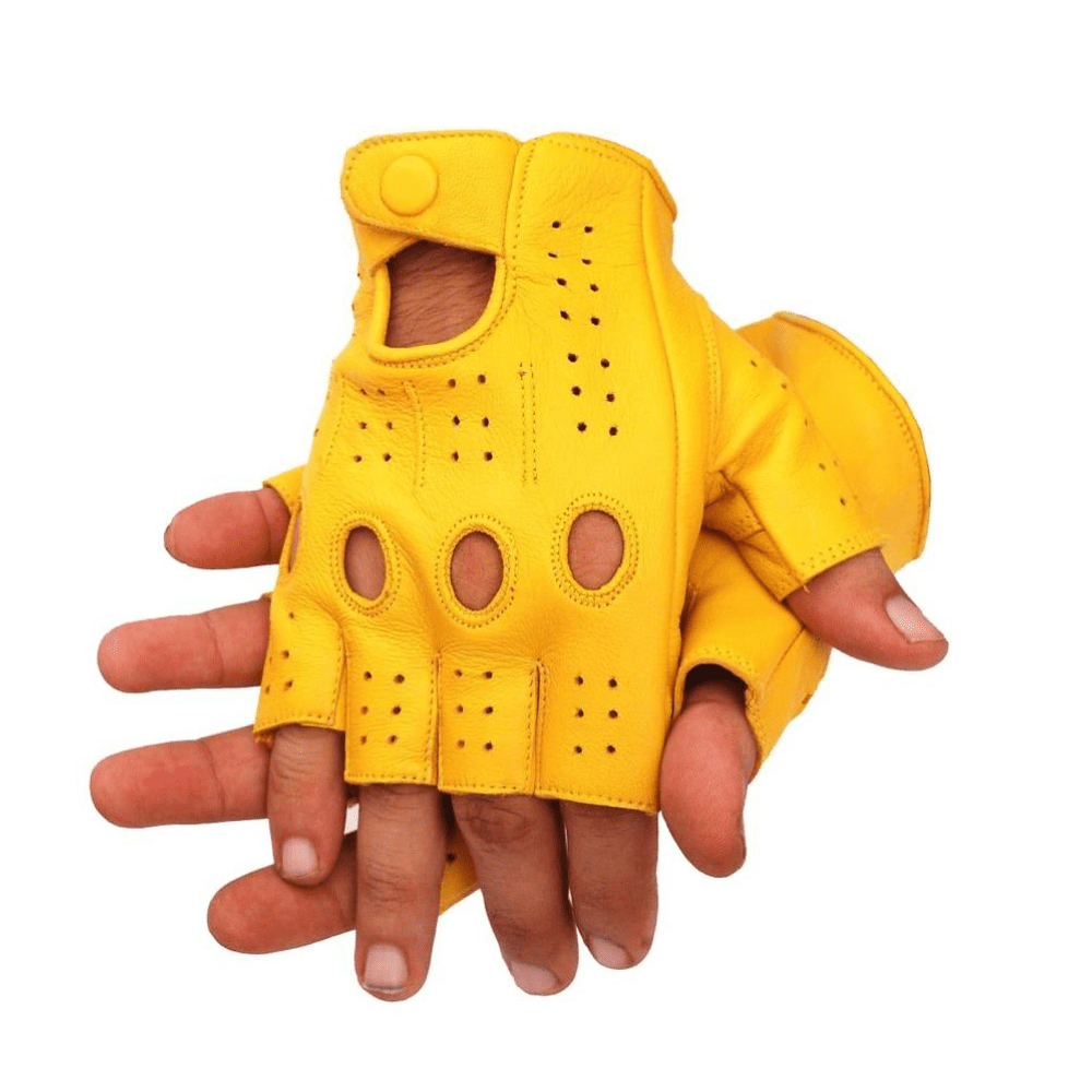 Driving Half Finger Finger less Knuckle Holes For Men Genuine Motorcycle Leather Gloves Yellow Small