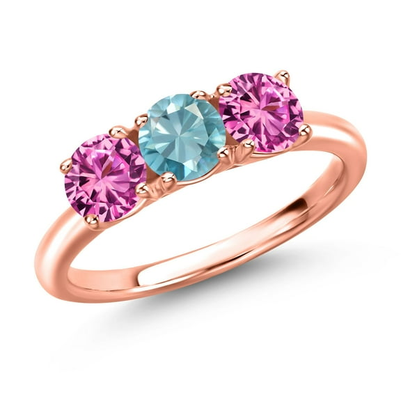 Gem Stone King 18K Rose Gold Plated Silver Blue Zircon and Pink Created Sapphire Engagement Ring for Women | 1.95 Cttw | Round 5MM | Gemstone Birthstone | Size 6