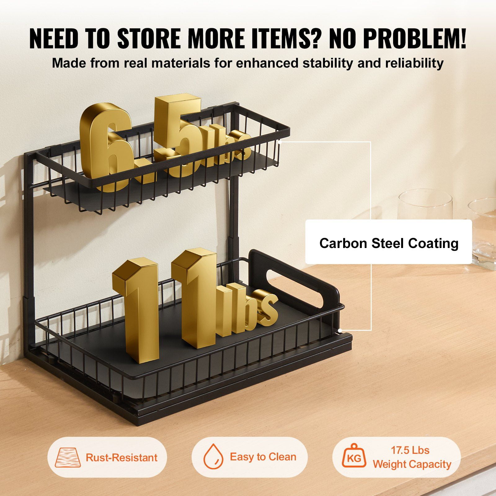 Kitchen Cabinet Organizer with 2-Tier Slide-Out Wire Baskets, 10.7x14.2 Inch Under Sink Storage Drawer – Compact Design