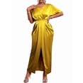 thumbnail image 3 of Women'S Satin Silky Long Sleeve V Neck Lace Up High Waist Side Split Maxi Dress Yellow L, 3 of 10