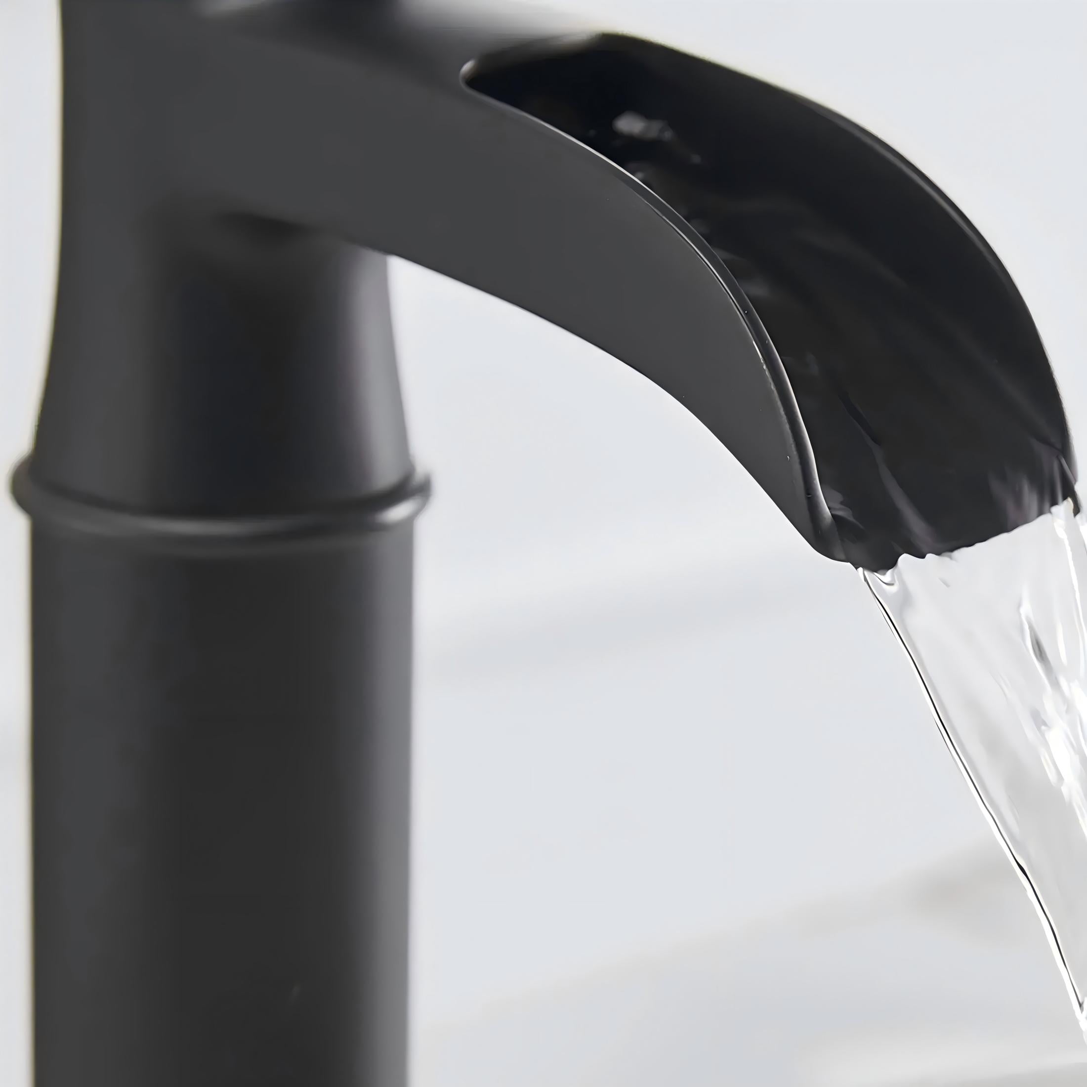 BWE Matte Black Waterfall Commercial Single Handle One Hole Bathroom Vessel Sink Faucet Deck Mount