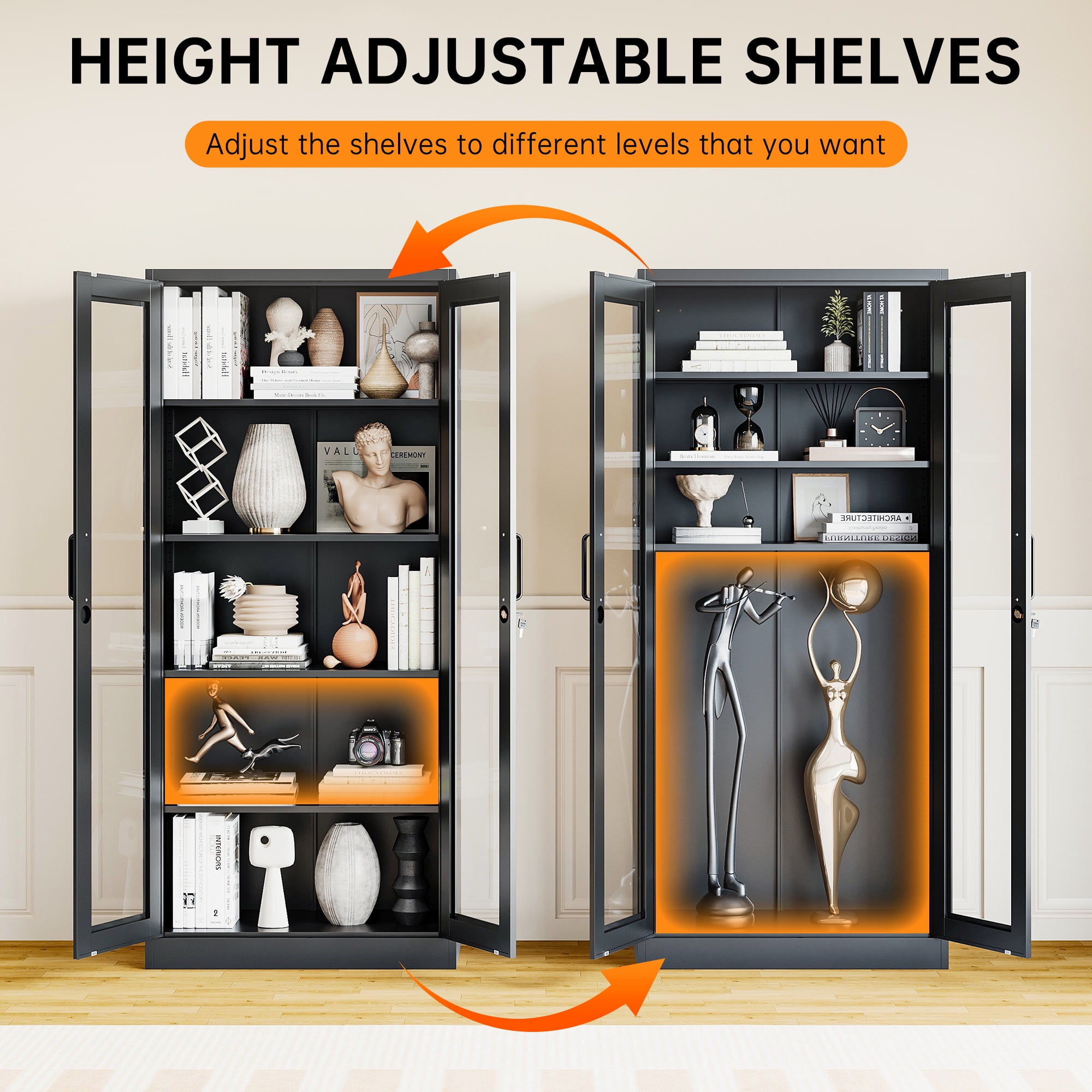 STANI 71"H Metal Glass Display Cabinet, 4 Adjustable Shelves,Lockable Storage Cabinets with Tempered Glass Door, for Home Office Pantry Bathroom,Black