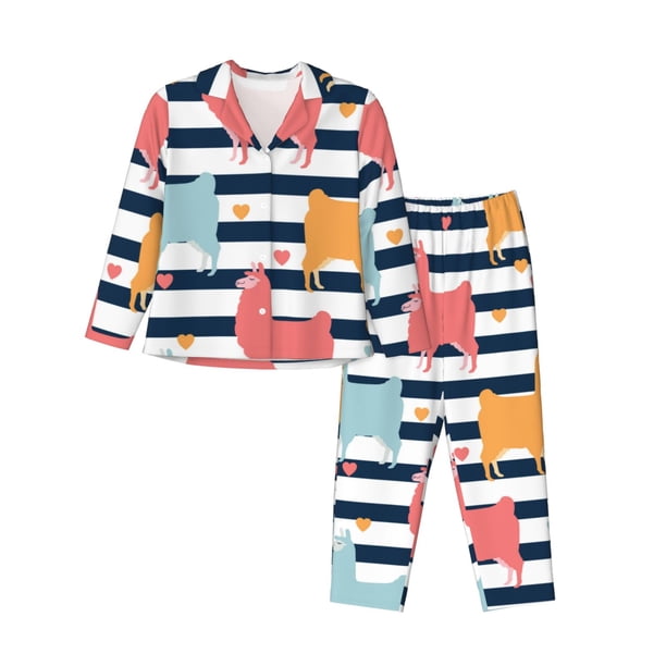 Fotbe Colorful Llama Conjunto de Pijama de Manga Larga para Mujer con Estampado, Ropa de Dormir de 2 Piezas, Conjunto de Casa Suave y Cómodo con Bolsillos-X-Large