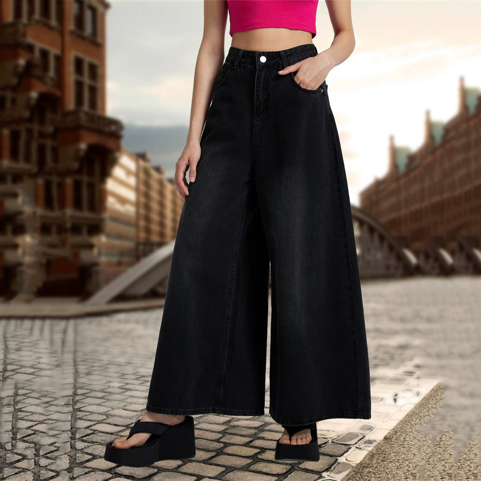 Pantalon Décontracté Femme Mid Rise Barrel Jeans Wide Leg Mid