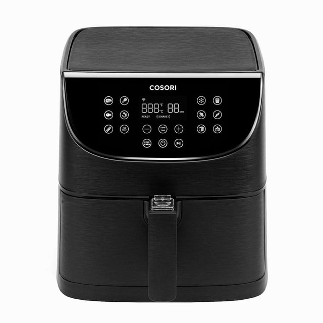freidora de aire cosori 5.5l negro freidora en vista frontal centrada con carcasa negra texturizada, panel táctil digital y pantalla LED, manija frontal para canasta extraíble y botones para 10 funciones de cocción; fondo blanco minimalista; también suele usarse para recalentar alimentos y dorar verduras.