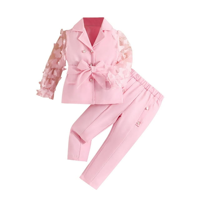 Odeerbi 3-9 Años Niñas Trajes de Algodón Tul Chaqueta Blazer de Manga Larga Con Vestido Pantalones Set Knot Notched Lapel Traje Chaqueta Pantalones Largos Set