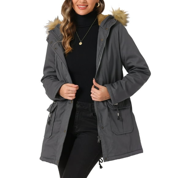 Chaqueta de parka de invierno para mujer Allegra K, abrigo acolchado largo, cálido, a prueba de viento, con capucha de piel sintética, 2XL gris