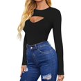 thumbnail image 3 of SMZ Womens Long Sleeve Tops Cut Out Front Ribbed Fitted Sexy Casual Dressy Fall Tee T-Shirts Tshirt Date Night Tops for Women, 3 of 9