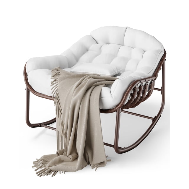 Oversized Papasan Egg Rocking Chair for Patio – Rattan Wicker Outdoor Lounge, Thick Water-Resistant Cushion Beige