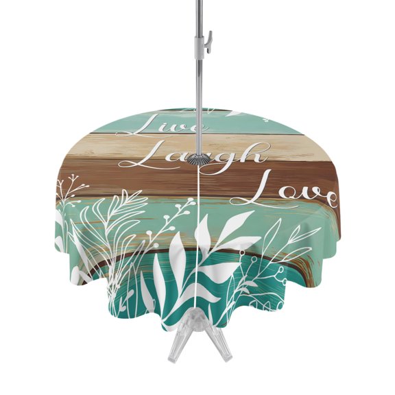 Outdoor Tablecloth with Umbrella Hole Zipper Teal Green Brown Botanical Round Tablecloth 60" Waterproof Outside Table Cloth Farmhouse Wooden Leaves Patio Table Cover Tablecloths for Picnic Party