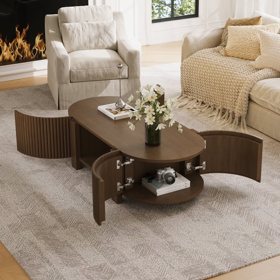 LifeSky Oval Fluted Coffee Table with Storage for Living Room: 3-Zone Storage Clears Clutter in 60 Seconds - Guest-Ready Modern Design - Rubber Solid Wood, Walnut, 47""