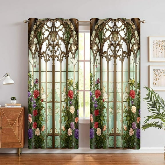 Floral Retro Blackout Curtains Stained Glass Vintage Colorful Floral Flower Print Curtain Garden Nature Botanical Green Plant Window Drape for Living Room Bedroom 26"W x 45"L (Pack of 2)