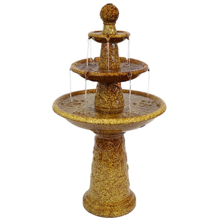 Sunnydaze 43 H Electric Ceramic 3-Tier Floral Motif Outdoor Water Fountain with LED Lights