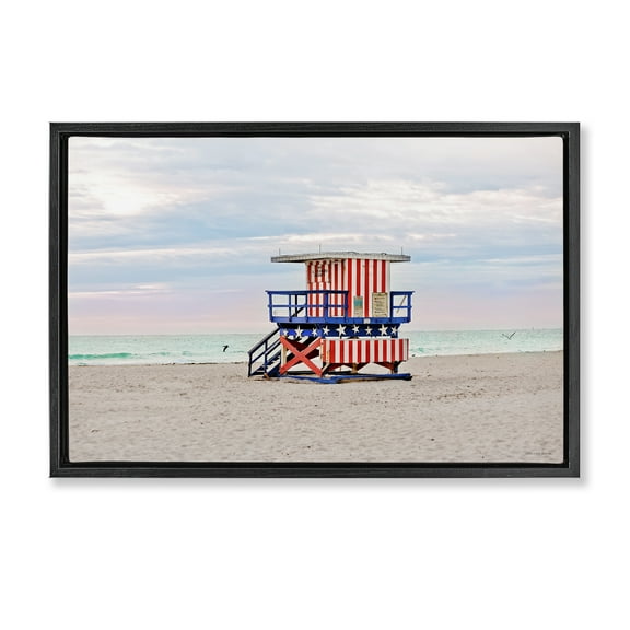 Stupell Industries Patriotic Lifeguard Hut Landscape & Nature Photography Black Floater Framed Canvas Art Print Wall Art, 25 x 17