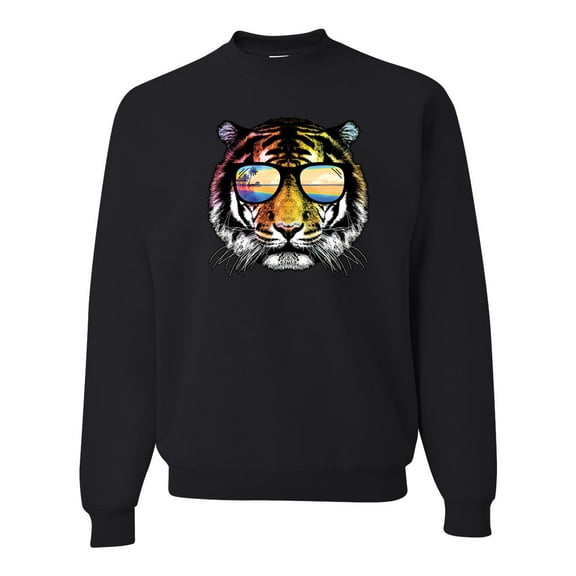 Funny Neon Summer California Beach Tiger | Mens Animal Lover Crewneck Graphic Sweatshirt, Black, Small