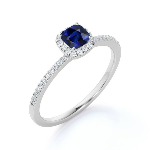 JeenMata - .75 ct - Cushion Cut Blue Sapphire Halo Ring - Blue Sapphire ...