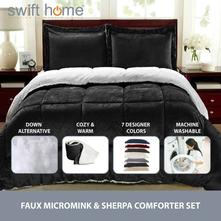 3PC Black Full (76 x 86) Sherpa & Faux Micromink Comforter and Sham  Bedding Set Reversible Ultra Plush 