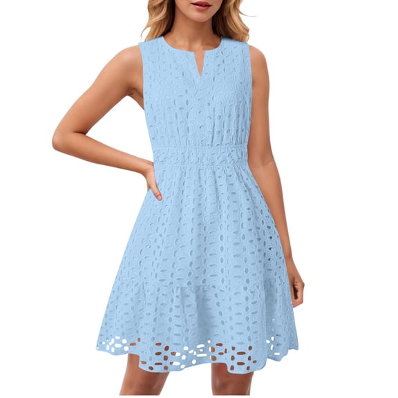 SMihono Women's Summer Dresses 2025 Sleeveless V Neck Eyelet Hollow Out Swing A Line Beach Vacation Sun Dress Light Blue XL