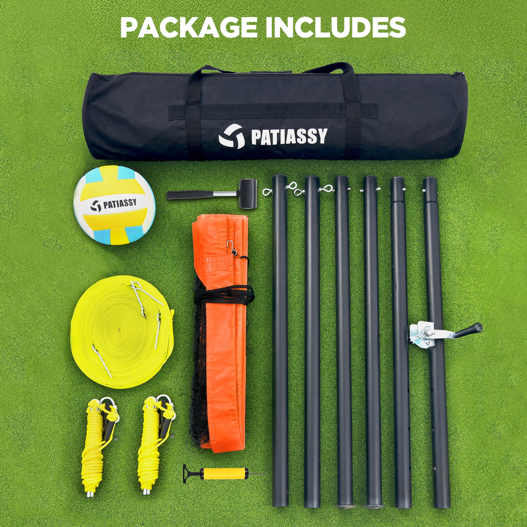 Patiassy Heavy Duty Professional Portable Volleyball Net for Backyard Outdoor with Adjustable Aluminum Poles Winch System Steel Stakes Anti-Sag Design Pump and 1680D Carry Bag for Beach Grass