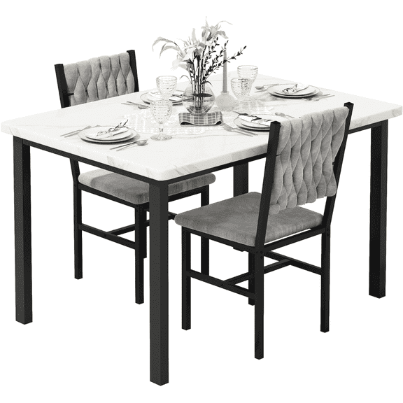 MOOSENG 3 Piece Dining Table Set | White Marble Kitchen Dining Table with 2 Upholstered Gray Chairs | Compact Dining Table Set for Small Spaces