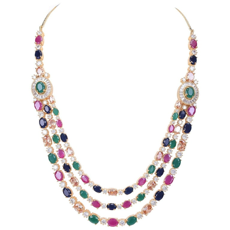 Ratnavali Jewels Zirconia cubica Splendida Collana da Sposa a Doppio Filo da Sposa ciondola Gli Orecchini Set di Gioielli RVA102