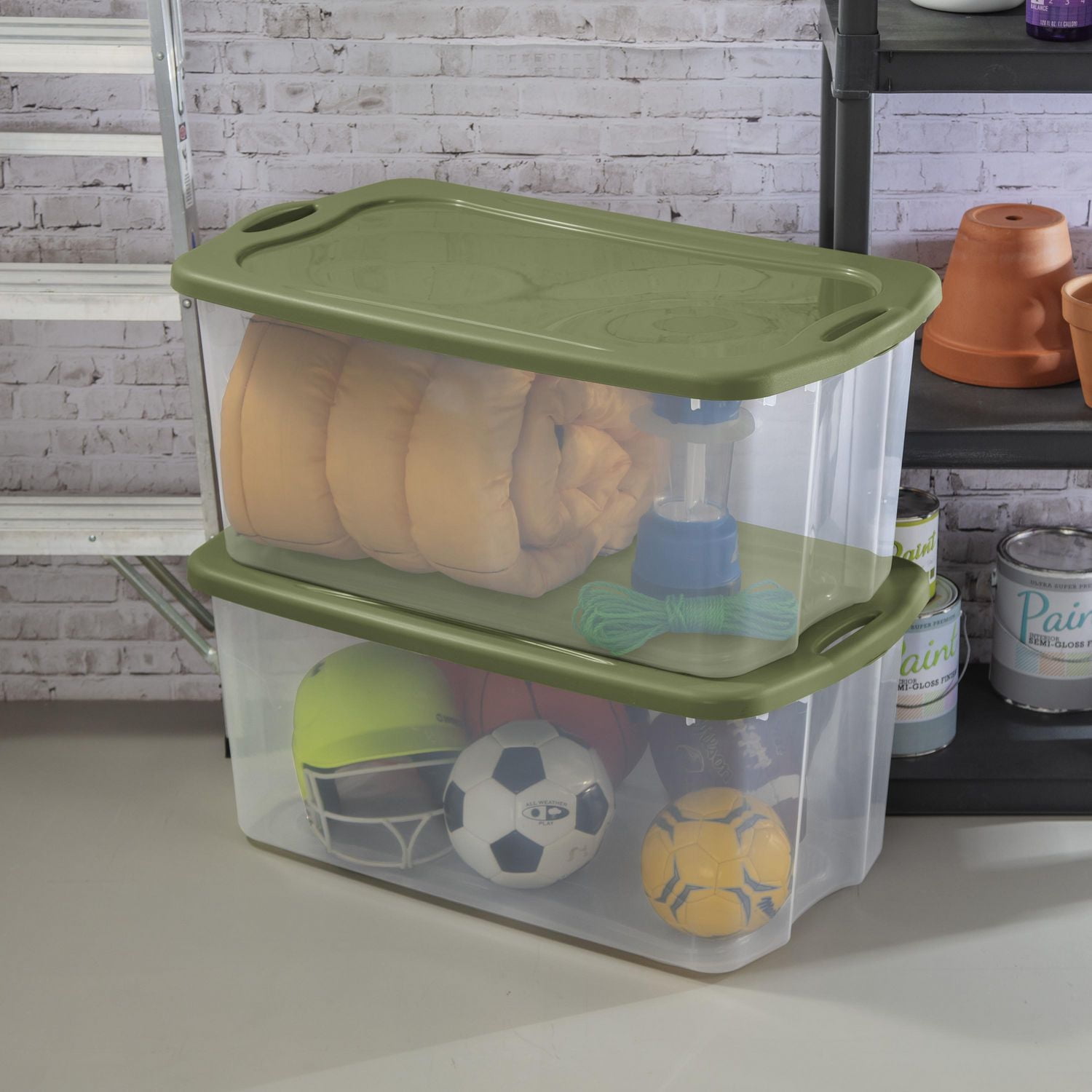 Sterilite 114 Liter EZ Carry, Extra Large Clear Plastic Storage Bin with Full-Grip Handles and Green Lid, 4 Pk