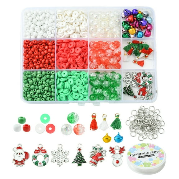 DIY Christmas Bracelet Making Kit Including Glass Round & Polymer Clay Disc Beads Wreath & Sock Alloy Enamel & Aluminum Bell & Polycotton Tassel Pendant Mixed Color 1053Pcs/box