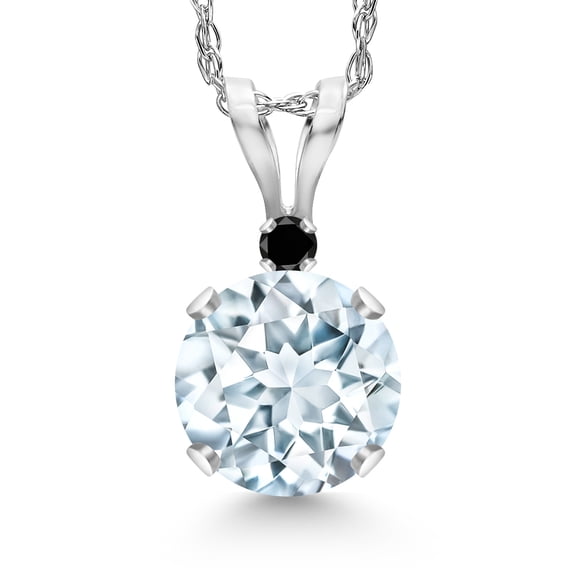 Gem Stone King 14K White Gold Sky Blue Aquamarine and Black Diamond Pendant Necklace for Women | 0.77 Cttw | Gemstone March Birthstone | Round 6MM | With 18 inch Chain