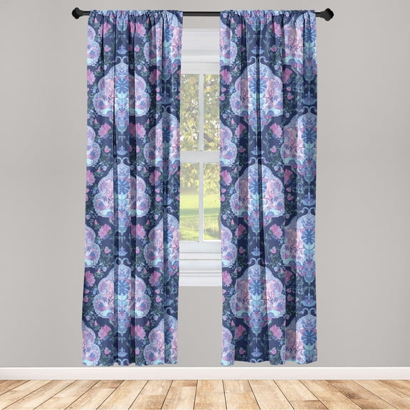 Psychedelic Window Curtains, Oriental Feels Leafy Design with Floral Boho Pattern Abstract Print, Lightweight Decor 2-Panel Set with Rod Pocket, Pair of - 28"x63", Dark Lavender Fuchsia, by Ambesonne
