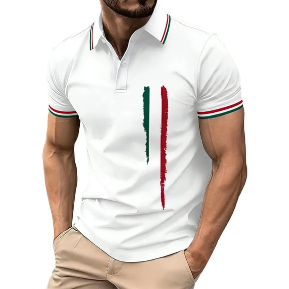 Mens Polo Men's Short Sleeve Button Front Polo Shirt Italian Flag Print Independence Day Casual Top Hidden Button Lightweight Breathable White L