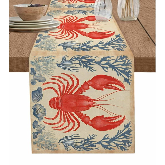 Lobster Coastal Burlap Cotton Table Runner 13x108 Inches Long, Summer Beach Coral Shell Nautical Vintage Farmhouse Table Runners, Outdoor Dining Tablecloths Decor for Baby Shower/Party/Wedding