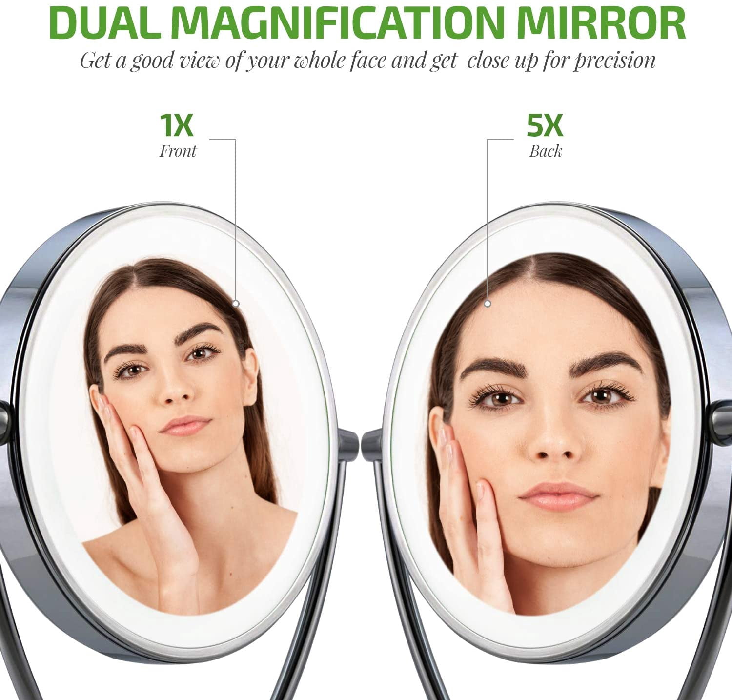 OVENTE Lighted Tabletop Makeup Mirror 9.5" LED Dimmable 1X 5X Magnifier 360 Adjustable Double Sided Battery USB Operated Bedroom Lamp Vanity Cosmetic Professional Large Polished Chrome MLT45CH1X5X
