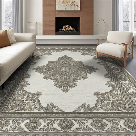 ODIKA 8'x10' Washable Area Rug Durable, Non-Slip Beige Dining Symmetrical Textured Taupe Intricate Traditional for Living Room, Under Sectional, Family