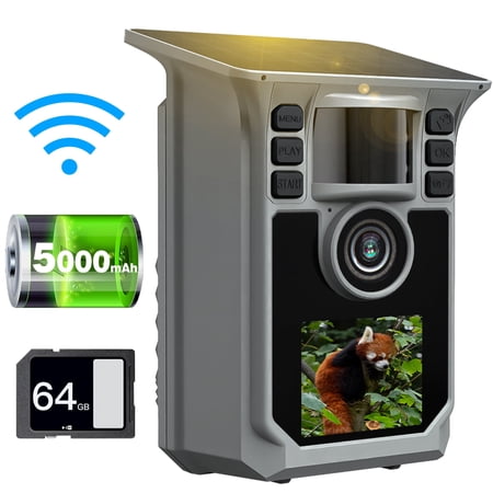 WiFi Trail Camera 4K 64MP Solar Game Camera with 5000mAh Battery 64GB Memory Card IP67 Waterproof Night Vision Trail Cam for Wildlife Monitoring with 2-Inch Screen