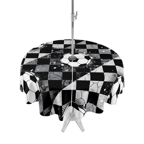 Outdoor Tablecloth with Umbrella Hole for Patio/Picnic/Party/Camping, Black White Plaid Footballs Waterproof Table Cloth Round Cover Washable, Modern Abstract Art Balls Sport (Dia 60")