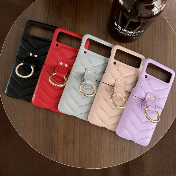For Samsung Galaxy Z Flip 3 5G/Flip 4 Case Cover, Shockproof Luxury Leather V-shaped Soft Flip Case Cover With Ring