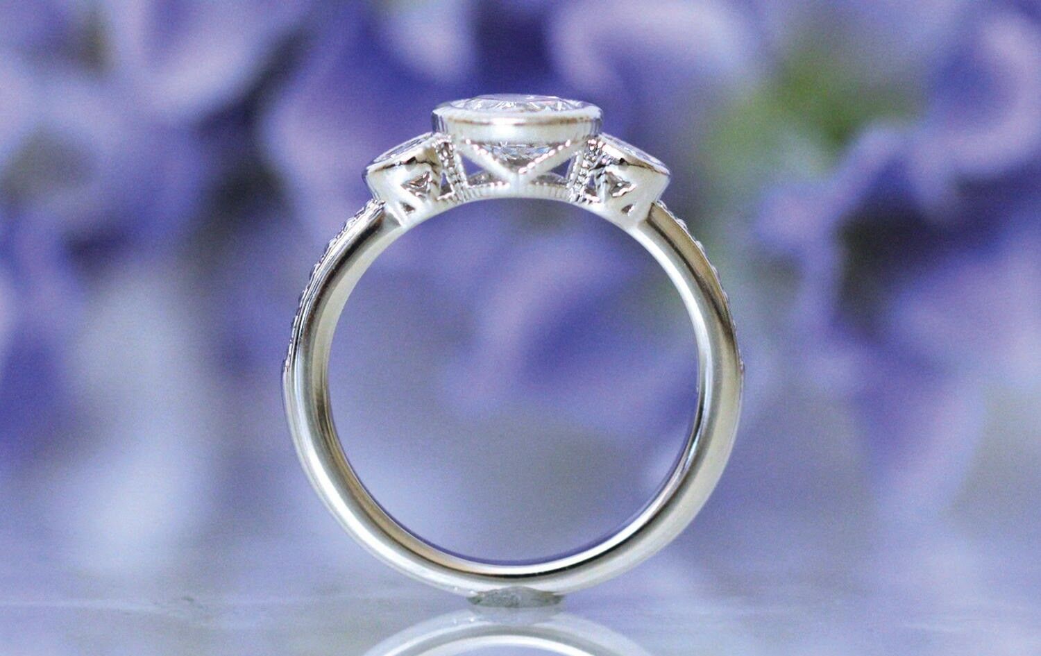 HeartsAndYou 3 Stone Bezel Set Engagement Ring for Women 1.2ct Round Cut Moissanite 18k White Gold Over Silver