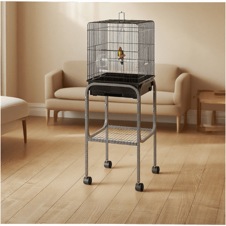 JERFIT 70'' Large Black Metal Bird Cage with Rolling Stand, Flight Parrot Cage Aviary for Parakeets Finches Cockatiels, Bird House with Feeder Doors & Slide-Out Tray