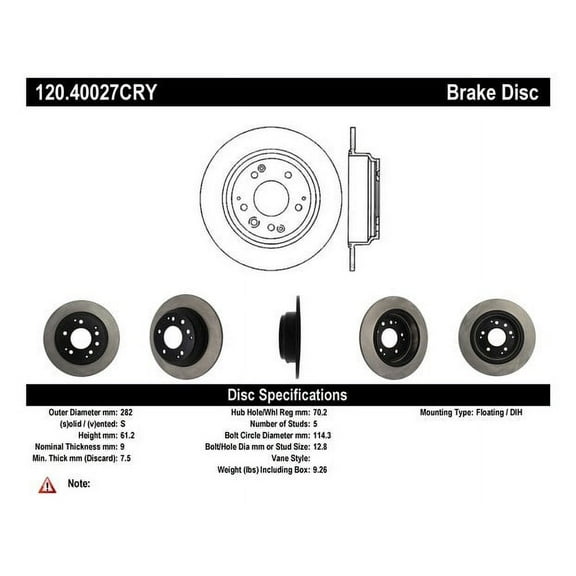 Centric Parts Disc Brake Rotor P/N:120.40027 Fits select: 1995-1998 HONDA ODYSSEY, 1996-1998 ACURA 3.5RL
