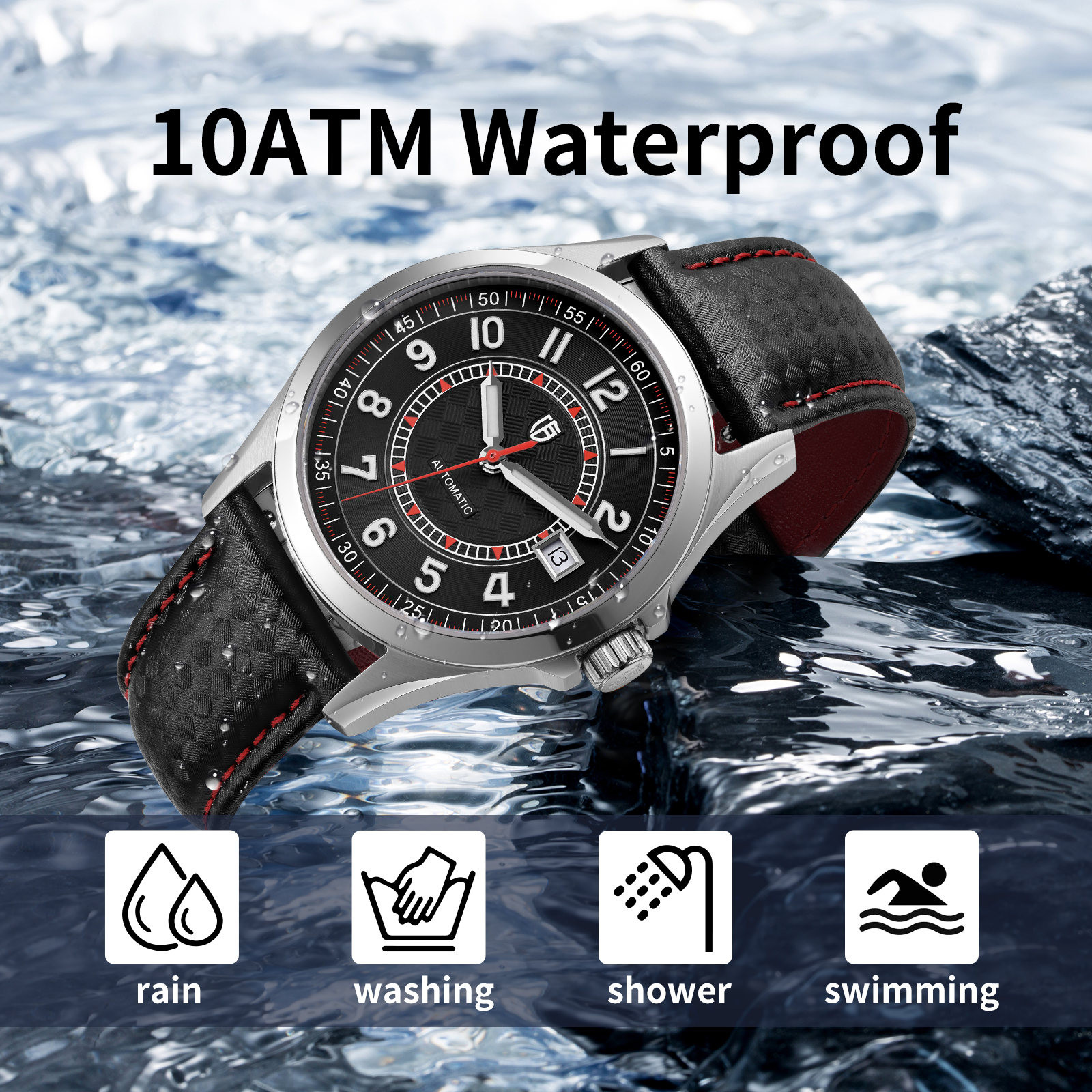 BERNY Men's Automatic Watch, Leather Strap Mechanical Watch with Date, Super Luminous, Sapphire Crystal, 10ATM Waterproof, Fashion Casual Wristwatch for Men (Red)