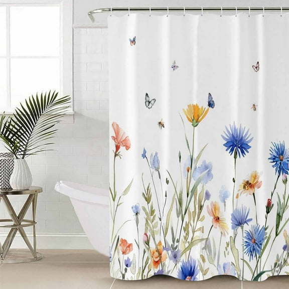 Spring Floral Waterproof Fabric Shower Curtain, Elegant Butterfly Summer Botanical Shower Curtain for Bathroom Curtains Bathtubs Hotel Washable Shower Curtains with 12 Hooks Extra Long 72x84