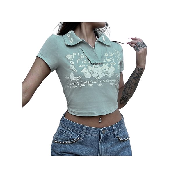 SAYOO Tops de Manga Corta para Mujer con Solapa, Estampado Floral de Letras Versión Flaca Ombligo Ropa de Verano SAYOO Casual