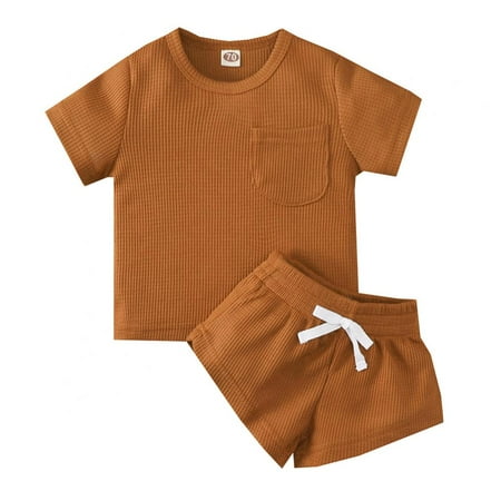

Bullpiano 0-3T Summer Newborn Baby Boy Girl Clothes Set Ribbed Outfits Unisex Infant Solid Cotton Button Short Sleeve Tops Shorts 2PCS (Caramel)