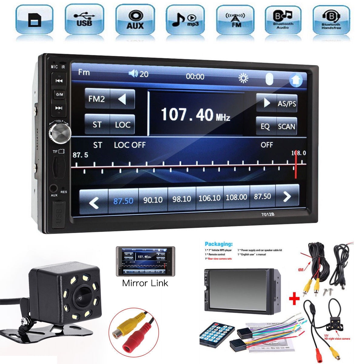 2Din 7in Touch Screen Car MP5 Player FM Radio Bluetooth USB/AUX Remote Control 