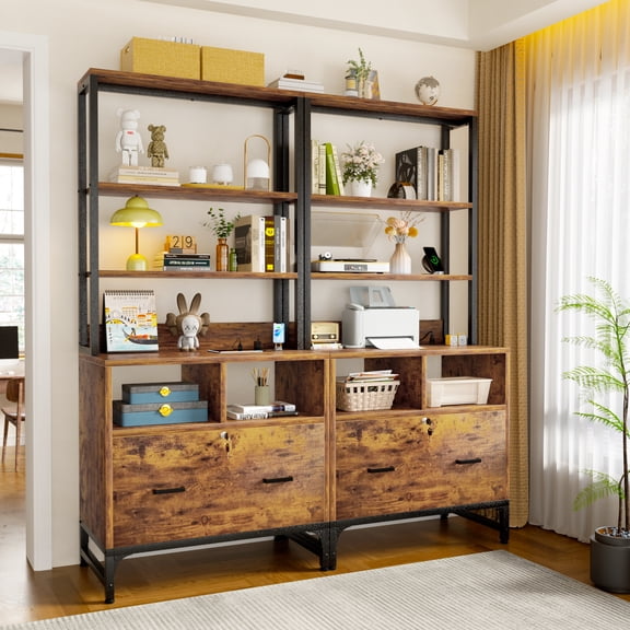 Homieasy 2-Pack Rustic Brown Vertical File Cabinet with Shelves, Charging Station, Lock, Large Drawer & Printer Stand