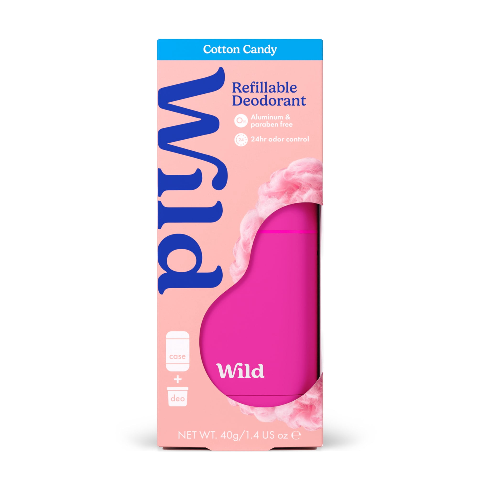 Wild Refillable Deodorant Starter Pack – Aluminum Free. Hot Pink Case + Cotton Candy Refill, for Women and Men, 1.4oz