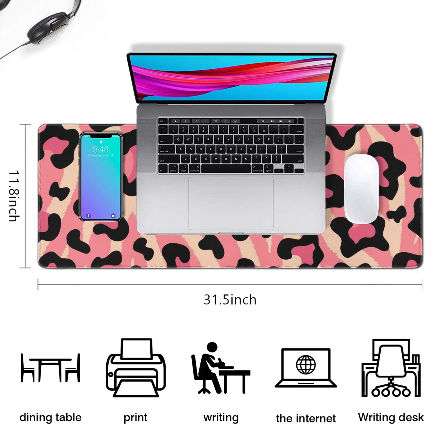 Long Mouse Pads for Desk,Pink and Black Of Leopard Print Desk Mats on Top Of Desks, Desk Mouse Pad Extra Large with 3mm Non-Slip Base and Stitched Edge for Gaming,Office,Work,Home 31.5"x11.8"