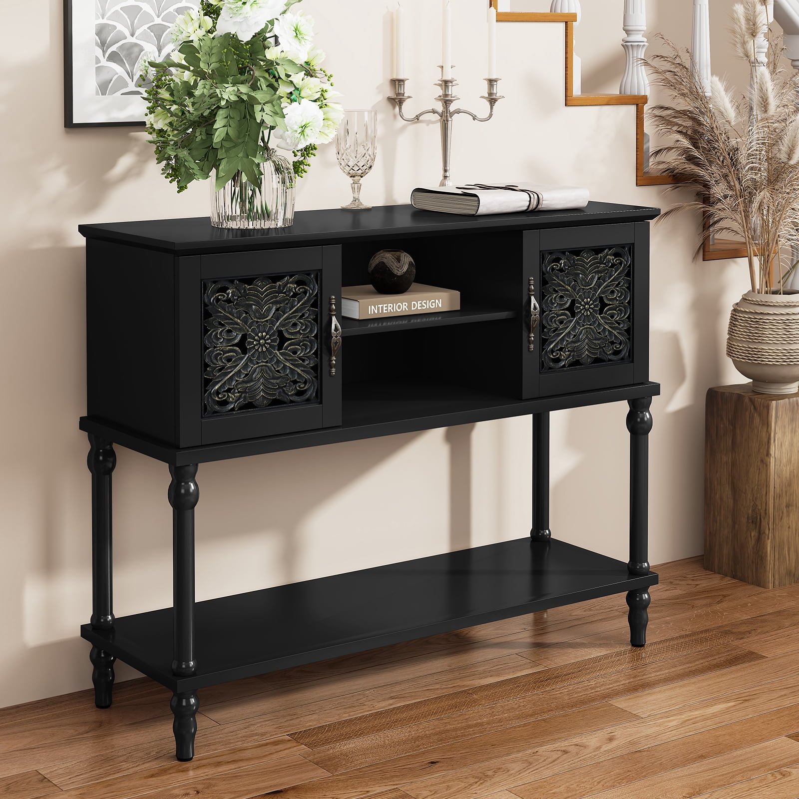HLR Modern 42" Console Table with Storage, Entryway Table Wood Behind Couch with Shelves for Living Room, Black