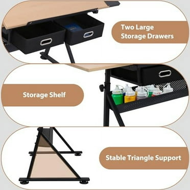 Drafting Table Art Desk with 2 Storage Drawers, Height Adjustable Drawing Table for Painters, Working, Writing, Home Office, Natural